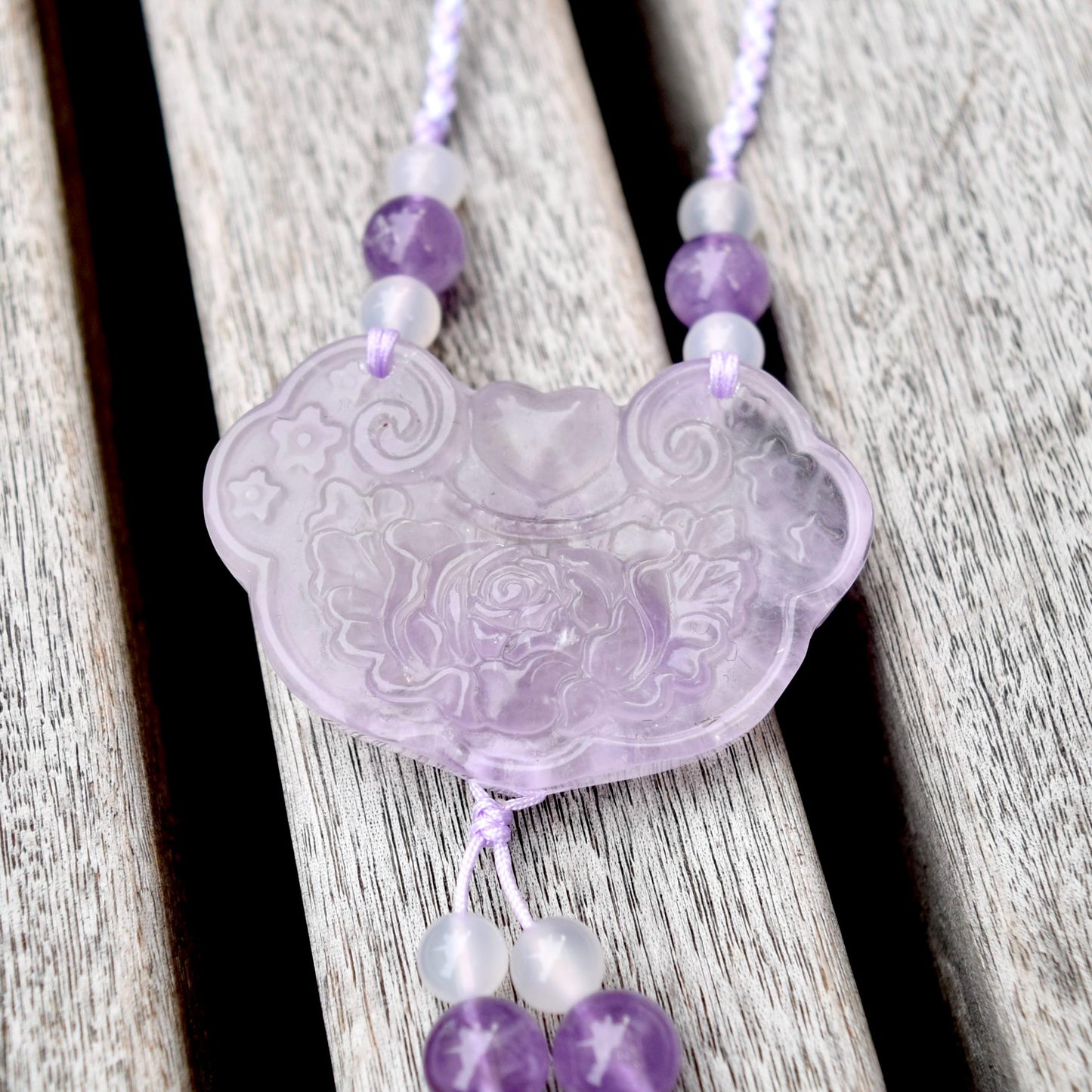 Purple Peony Lock Pendant Rope Necklace - Amethyst Crystal Pendant