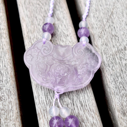 Purple Peony Lock Pendant Rope Necklace - Amethyst Crystal Pendant
