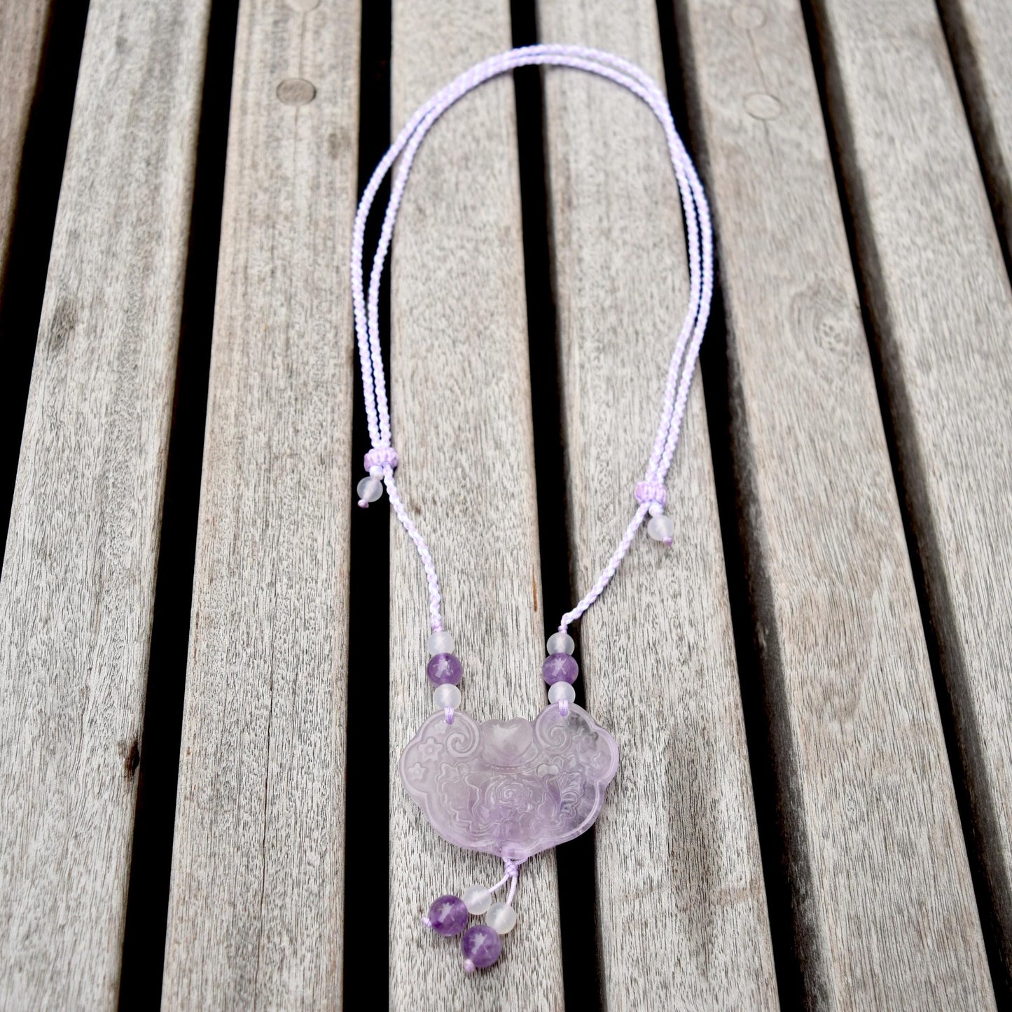 Purple Peony Lock Pendant Rope Necklace - Amethyst Crystal Pendant