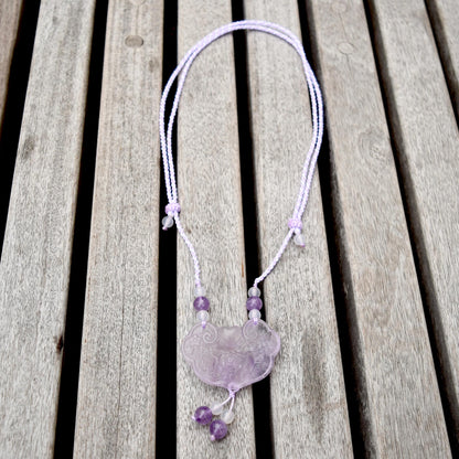 Purple Peony Lock Pendant Rope Necklace - Amethyst Crystal Pendant
