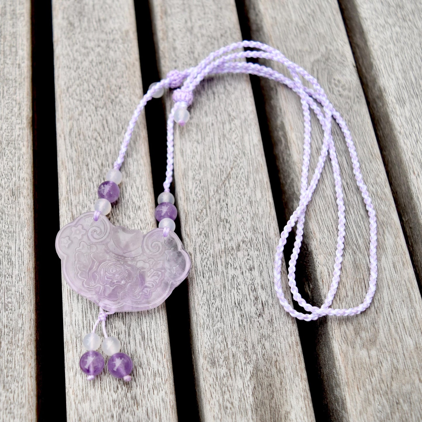 Purple Peony Lock Pendant Rope Necklace - Amethyst Crystal Pendant