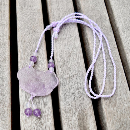 Purple Peony Lock Pendant Rope Necklace - Amethyst Crystal Pendant