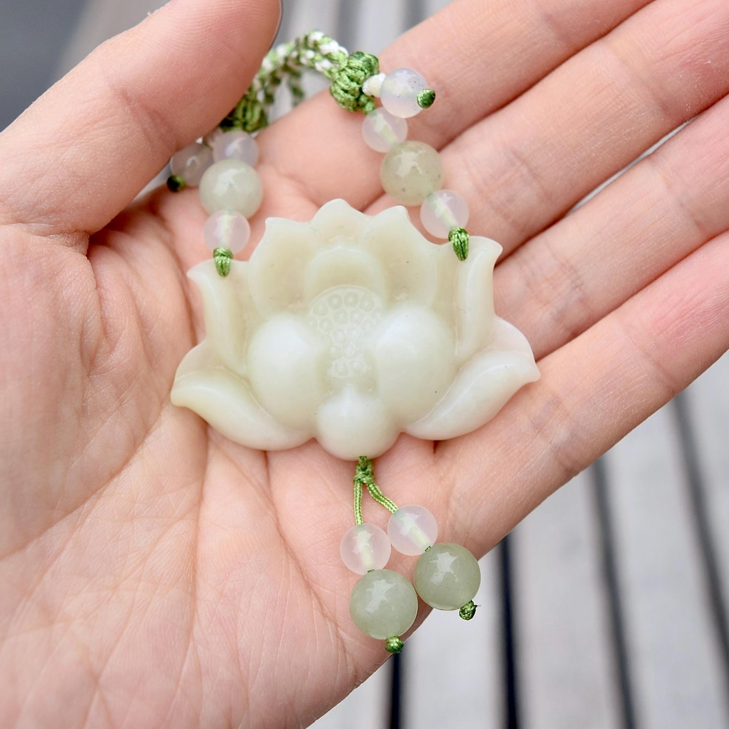 Green Jade Lotus Necklace - Serpentine Jade Adjustable RopeNecklace