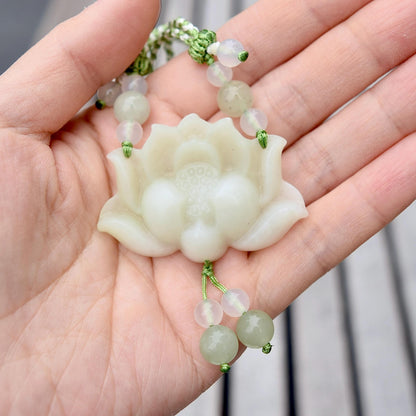 Green Jade Lotus Necklace - Serpentine Jade Adjustable RopeNecklace