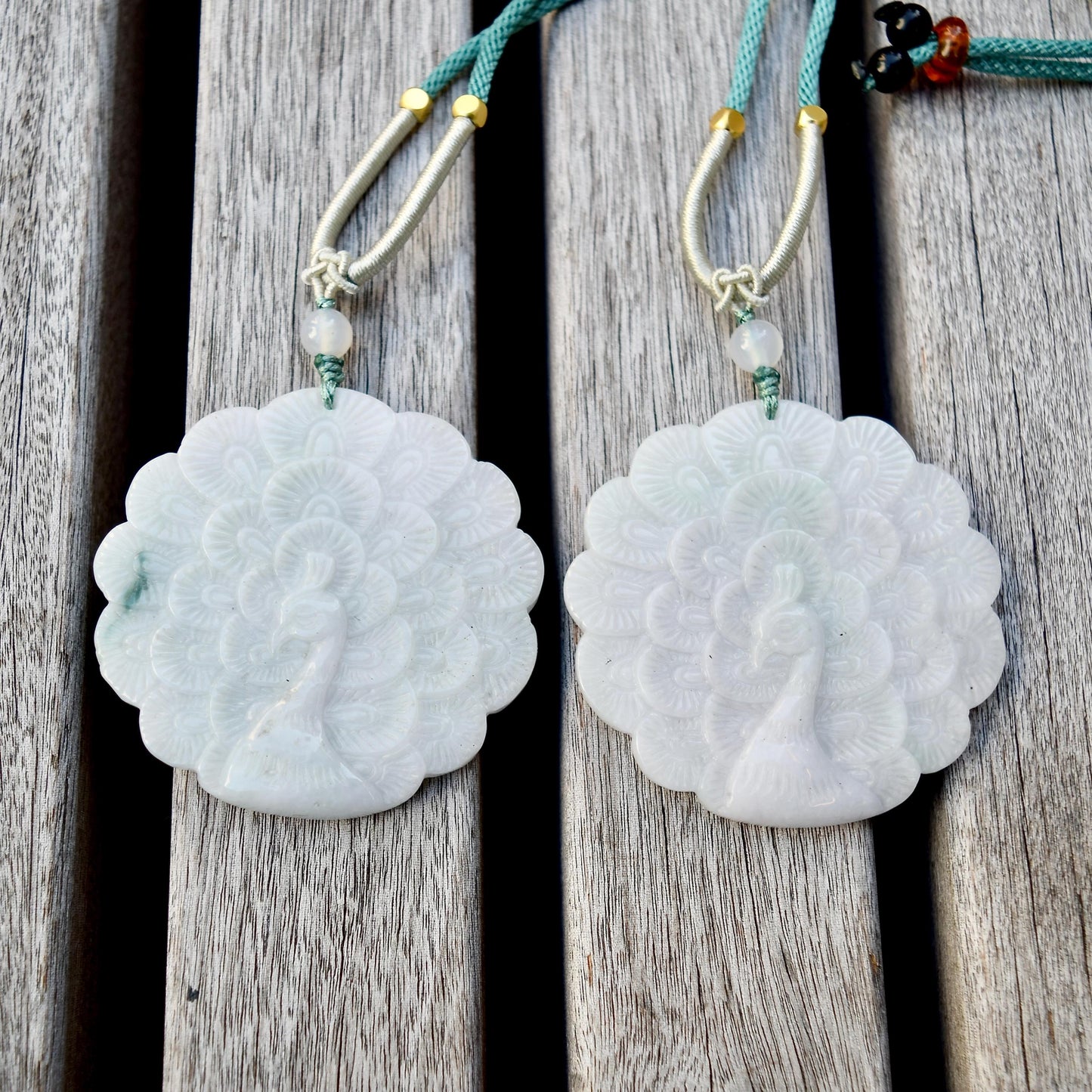 Jadeite Peacock Pendant Rope Necklace - 天然翡翠