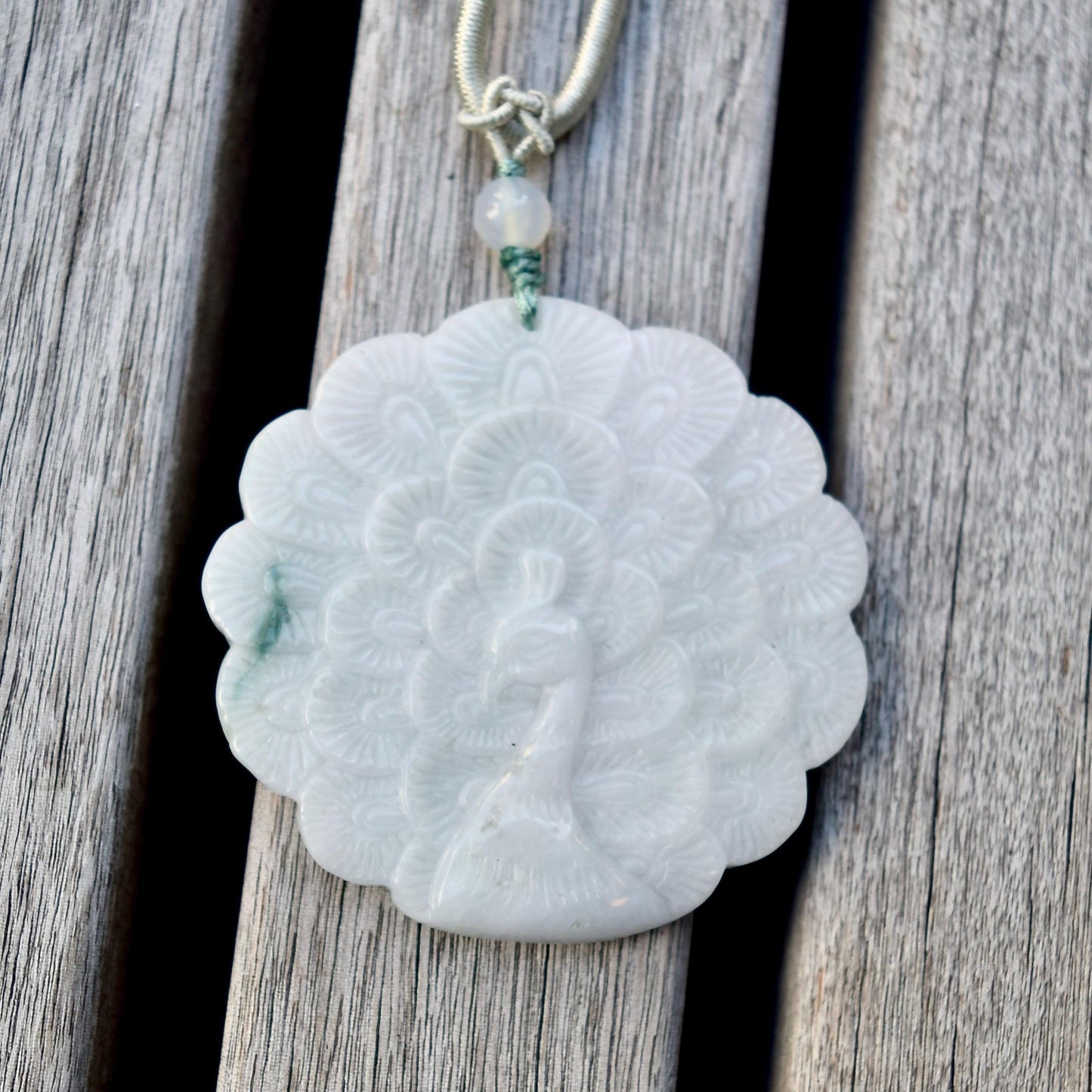 Jadeite Peacock Pendant Rope Necklace - 天然翡翠