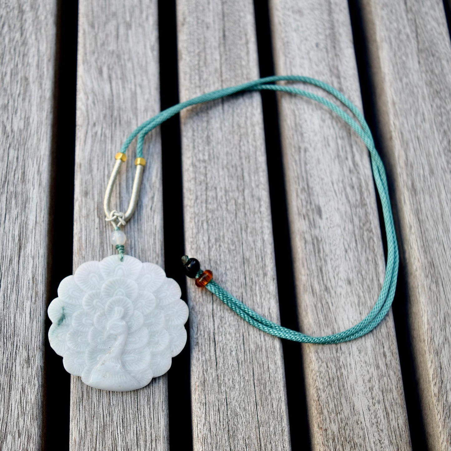Jadeite Peacock Pendant Rope Necklace - 天然翡翠