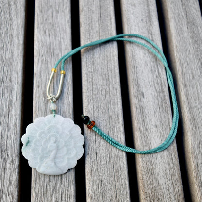 Jadeite Peacock Pendant Rope Necklace - 天然翡翠
