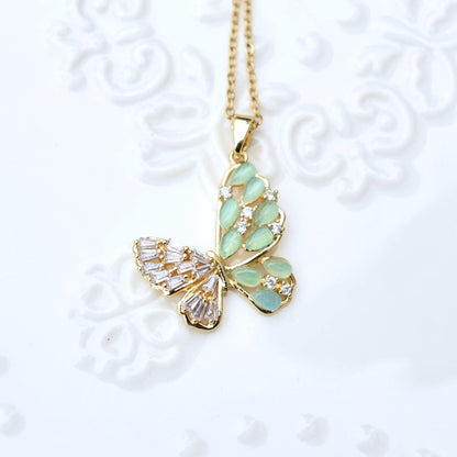 Cat Eye Stone Butterfly Charm Necklace - Stainless Steel Necklace