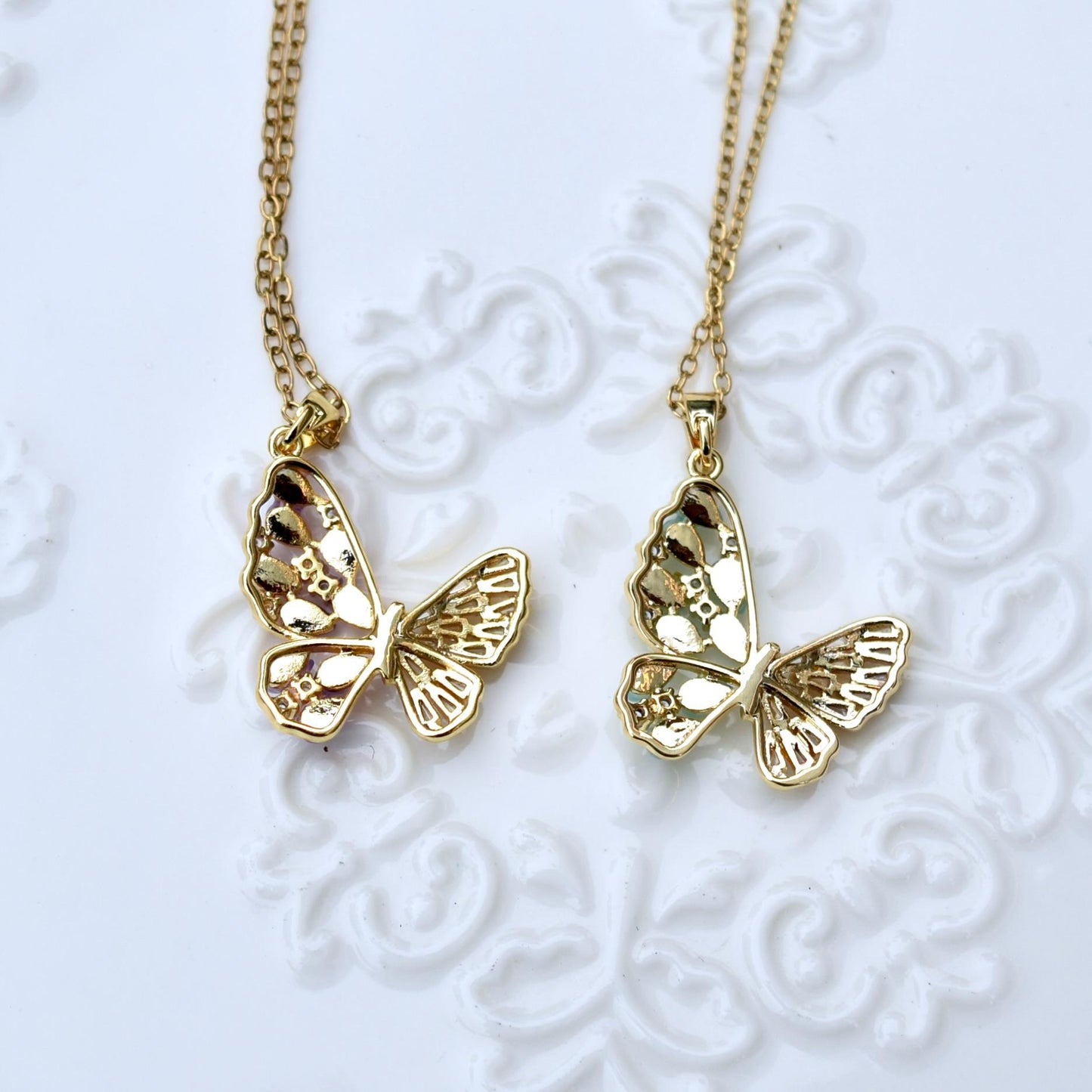 Cat Eye Stone Butterfly Charm Necklace - Stainless Steel Necklace