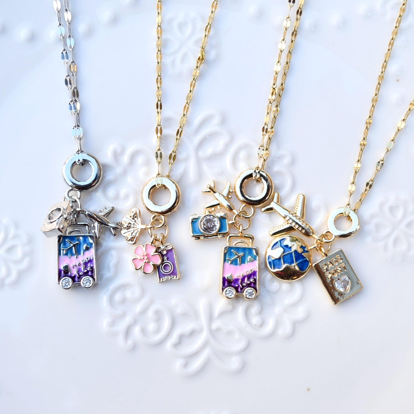 Travel Enamel Charms Necklace - Oil Painting Style
