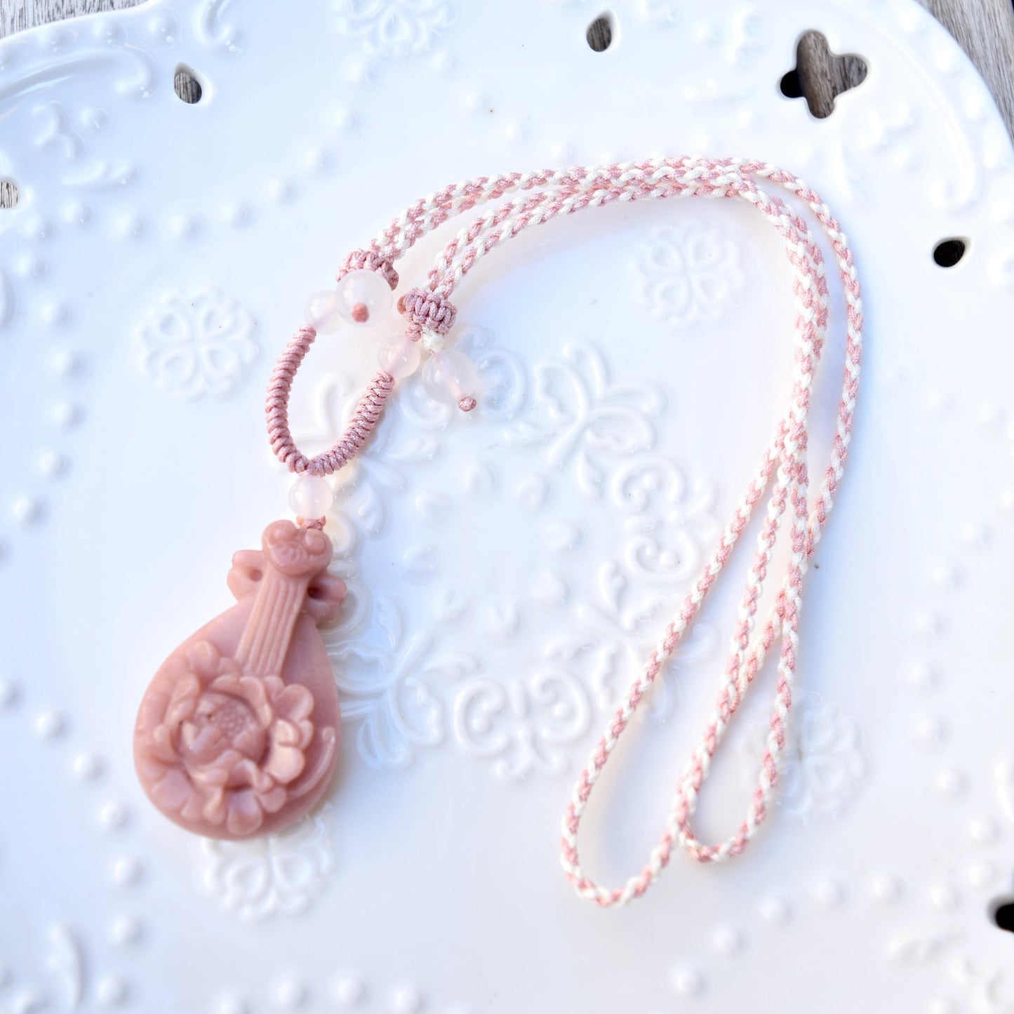 Pink Peony Pipa Lotus Pendant Rope Necklace - Aventurine Quartz Jade Pendant