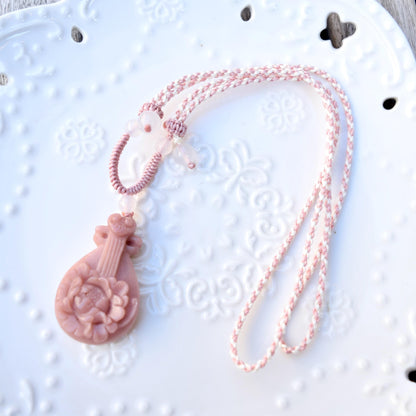 Pink Peony Pipa Lotus Pendant Rope Necklace - Aventurine Quartz Jade Pendant
