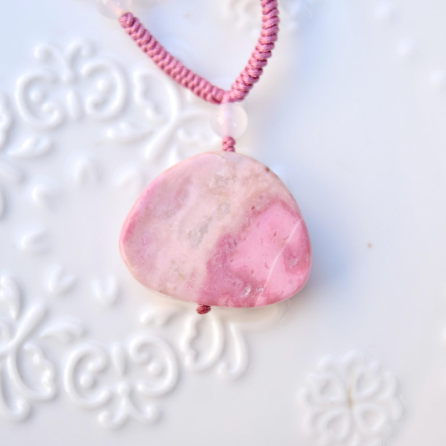 Pink Peony Pipa Lotus Pendant Rope Necklace - Aventurine Quartz Jade Pendant