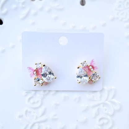 Pink Butterfly Crystal Teardrop Stud Earrings