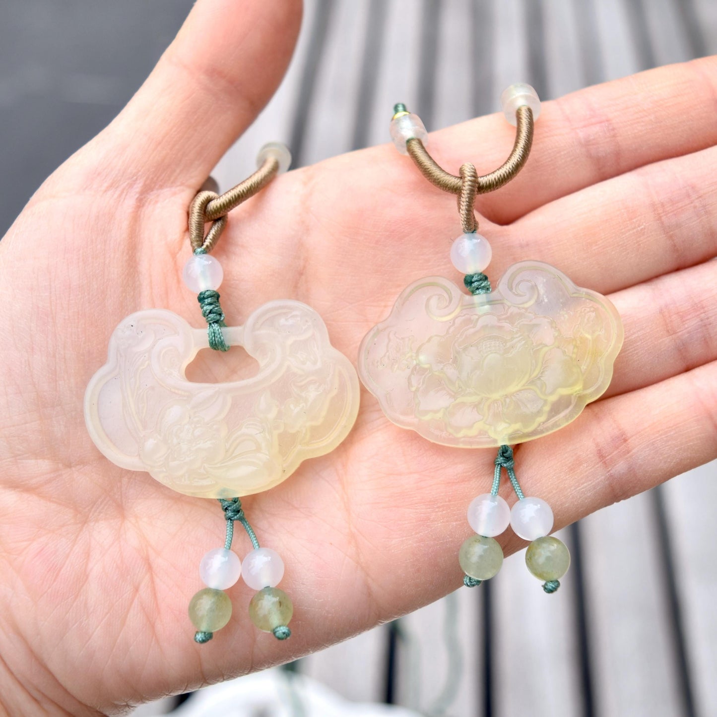 Lotus Peony Lock Charm Rope Necklace - Green Serpentine Jade