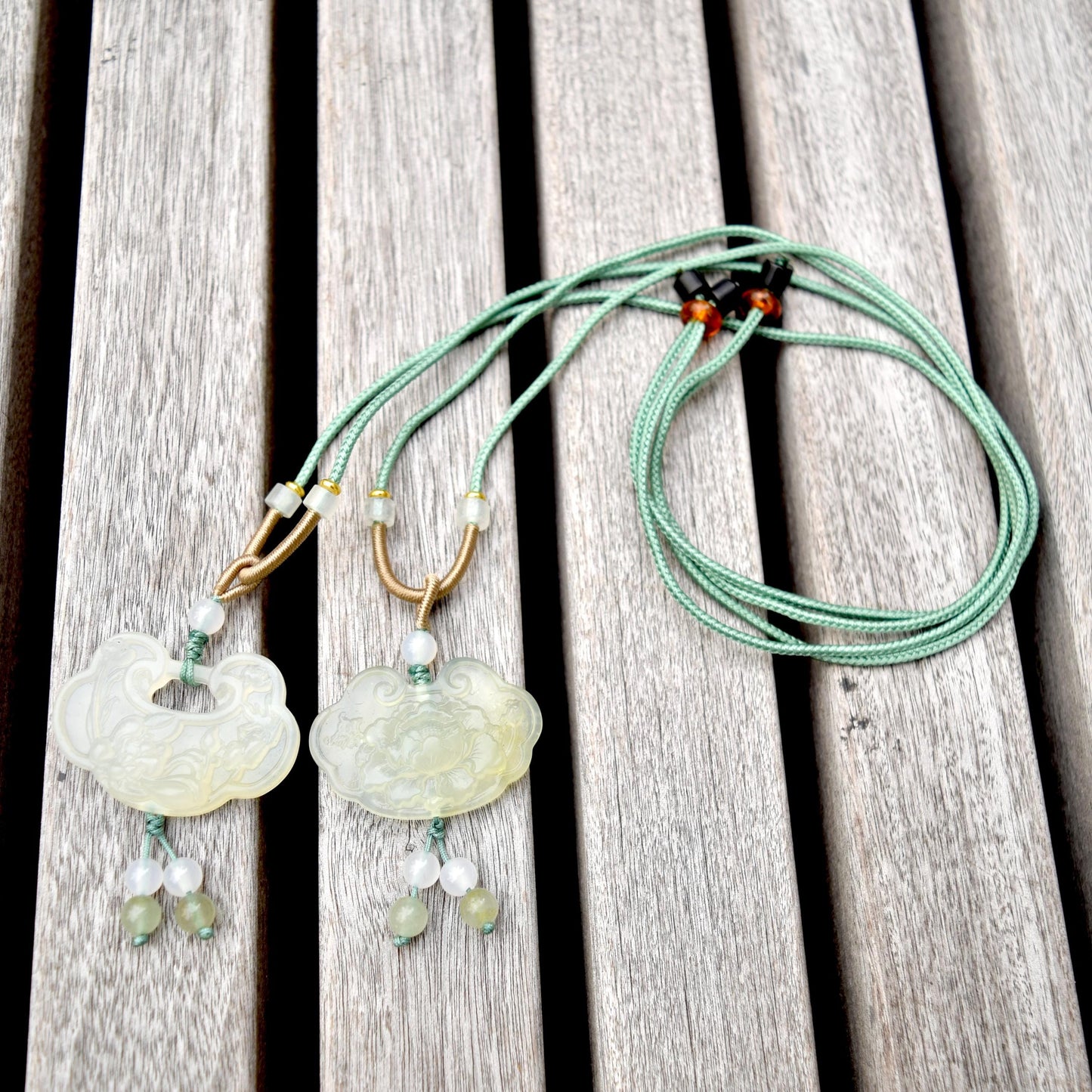Lotus Peony Lock Charm Rope Necklace - Green Serpentine Jade
