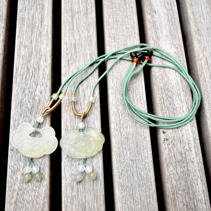 Lotus Peony Lock Charm Rope Necklace - Green Serpentine Jade