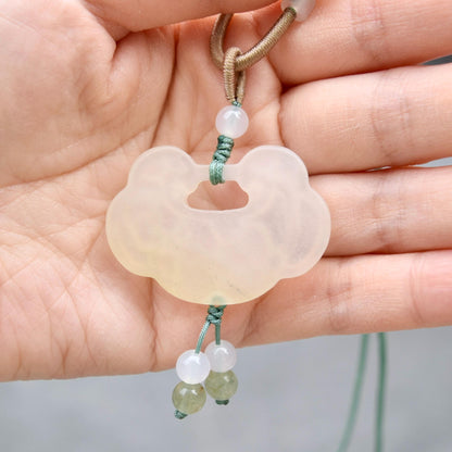 Lotus Peony Lock Charm Rope Necklace - Green Serpentine Jade