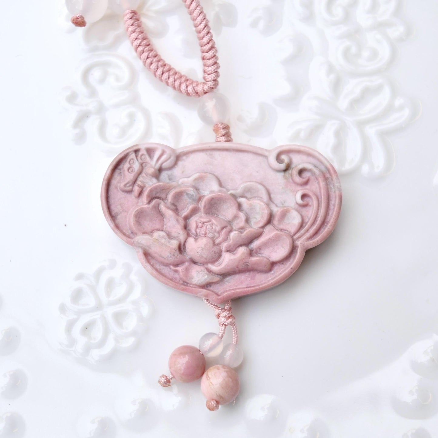 Pink Peony Lock Pendant Braided Rope Necklace - Rhodonite