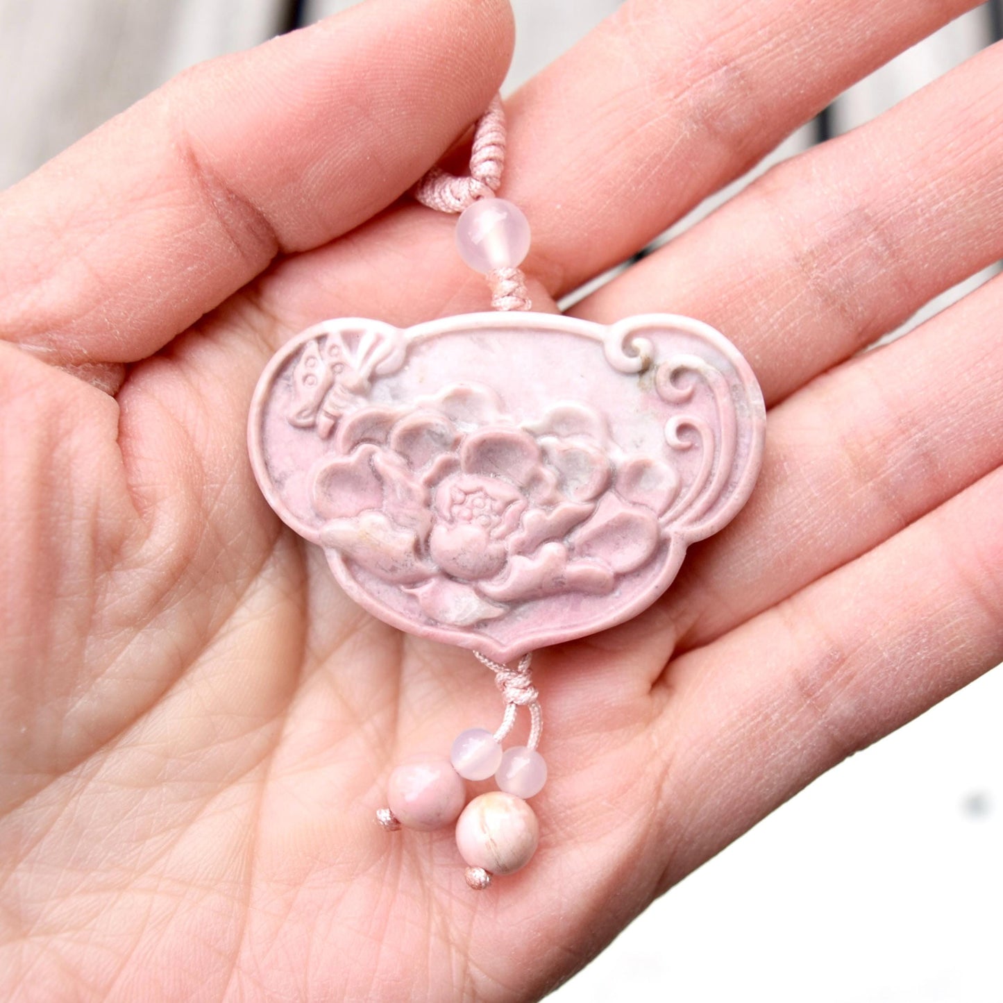 Pink Peony Lock Pendant Braided Rope Necklace - Rhodonite