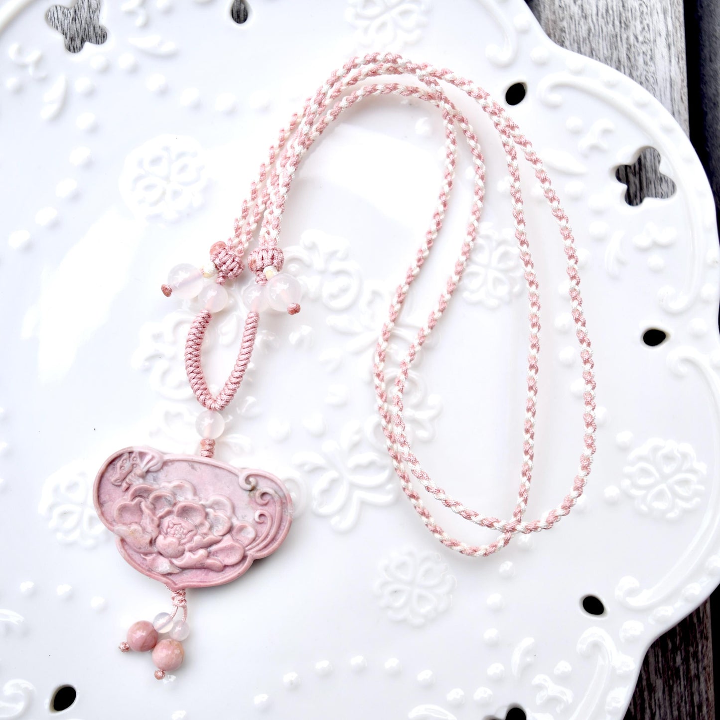 Pink Peony Lock Pendant Braided Rope Necklace - Rhodonite