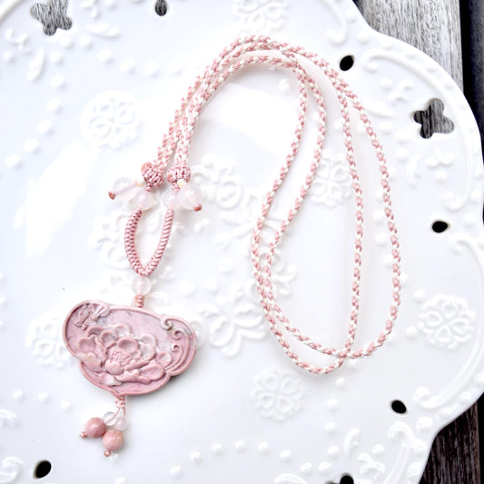 Pink Peony Lock Pendant Braided Rope Necklace - Rhodonite