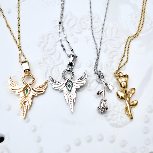 Crystal Angel Rose Charm Necklace - Cubic Zirconia Stainless Steel Necklace