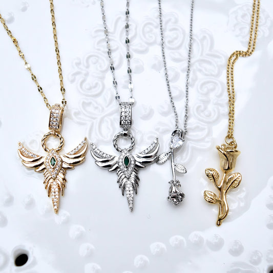 Crystal Angel Rose Charm Necklace - Cubic Zirconia Stainless Steel Necklace