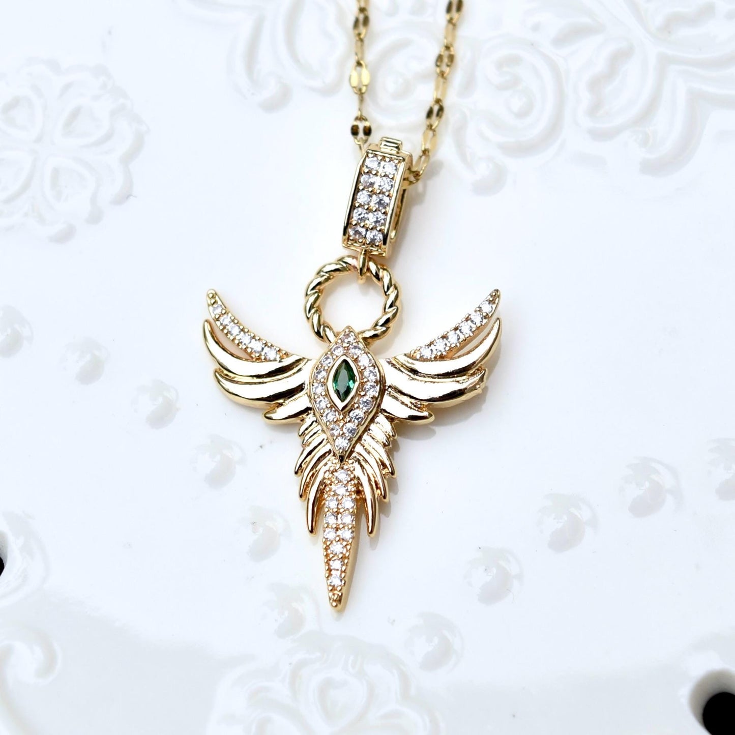 Crystal Angel Rose Charm Necklace - Cubic Zirconia Stainless Steel Necklace