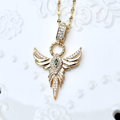 Crystal Angel Rose Charm Necklace - Cubic Zirconia Stainless Steel Necklace