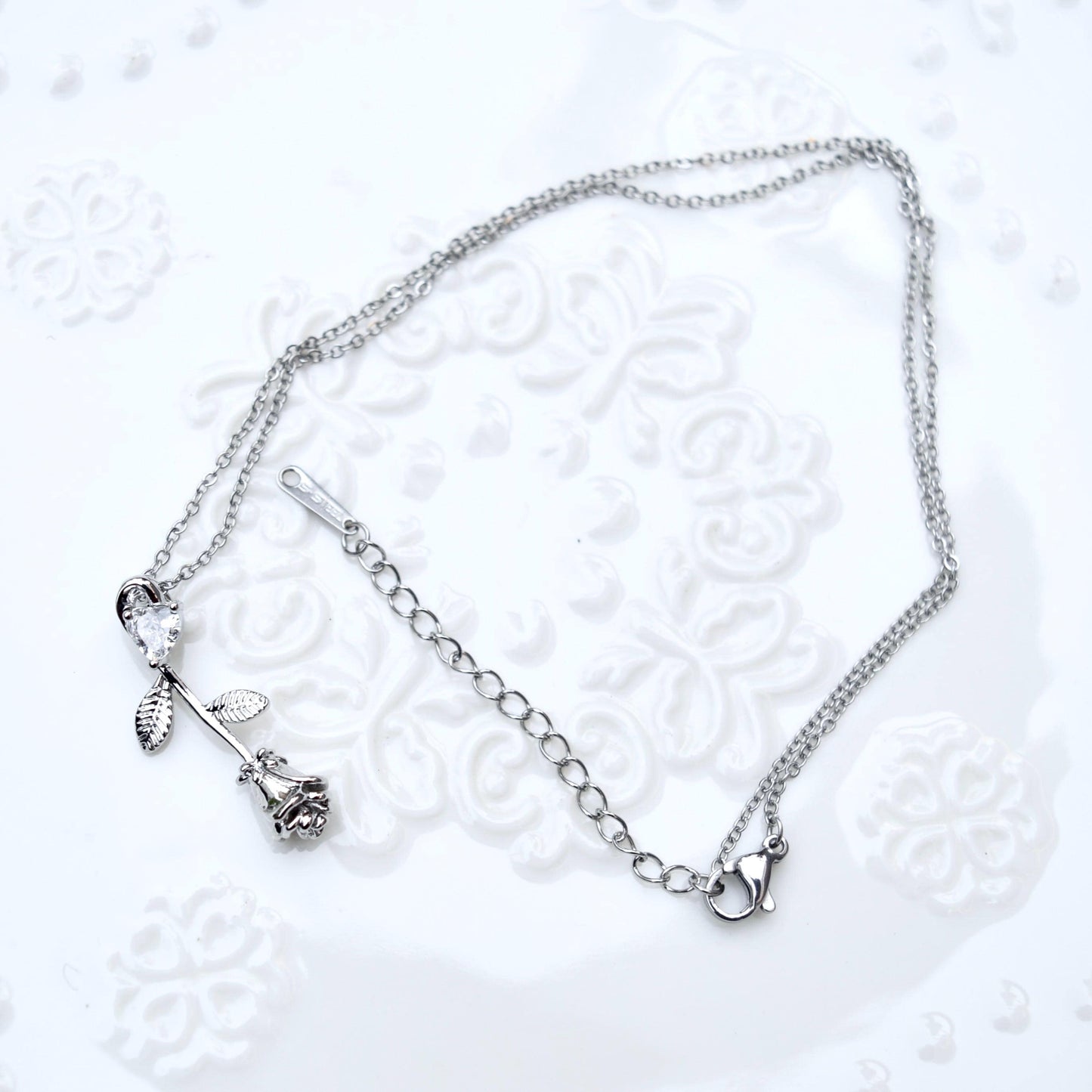 Crystal Angel Rose Charm Necklace - Cubic Zirconia Stainless Steel Necklace