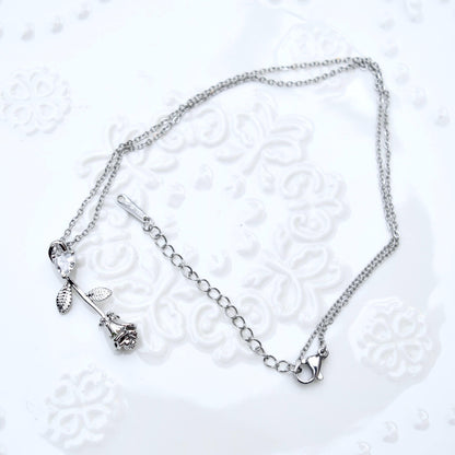 Crystal Angel Rose Charm Necklace - Cubic Zirconia Stainless Steel Necklace