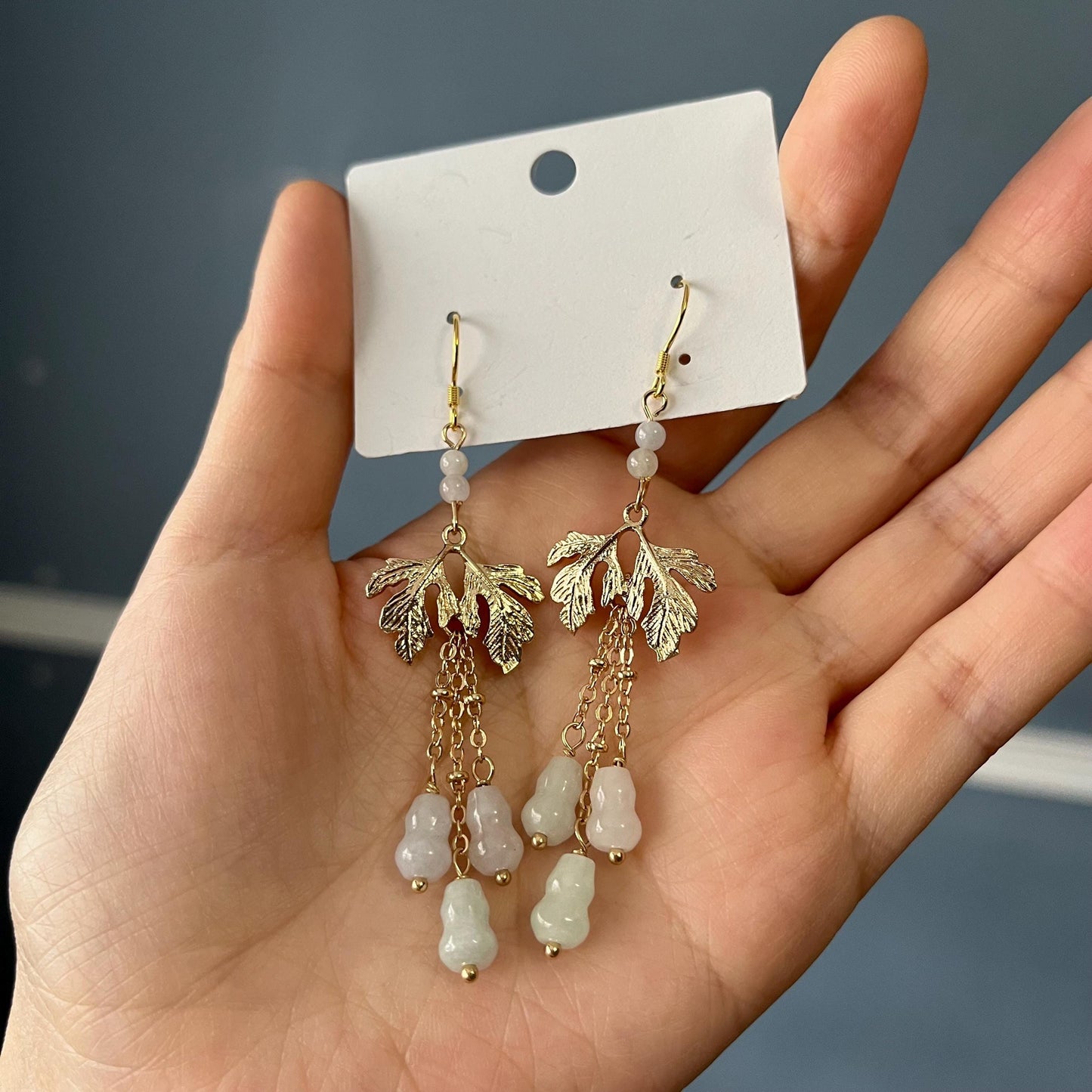 Jade Gourd Dangle Earrings: Gold Lotus, Chinese Blessing