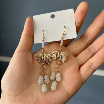 Jade Gourd Dangle Earrings: Gold Lotus, Chinese Blessing