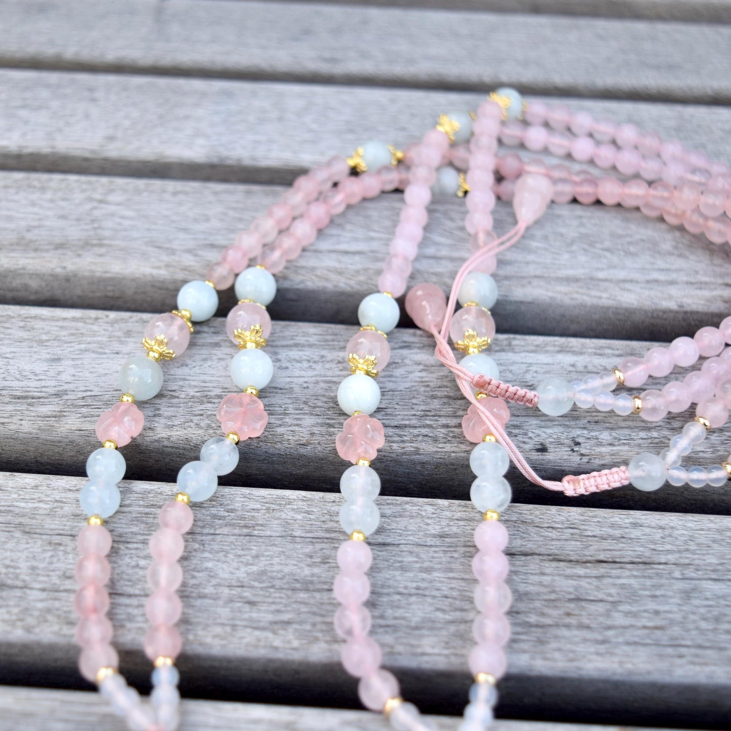 Rose Quartz Peony Necklace - Aquamarine Quartz Beaded
