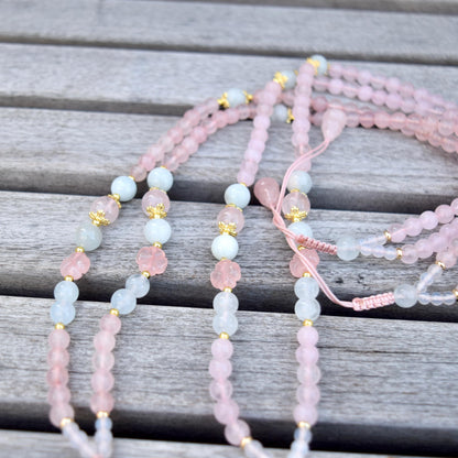 Rose Quartz Peony Necklace - Aquamarine Quartz Beaded
