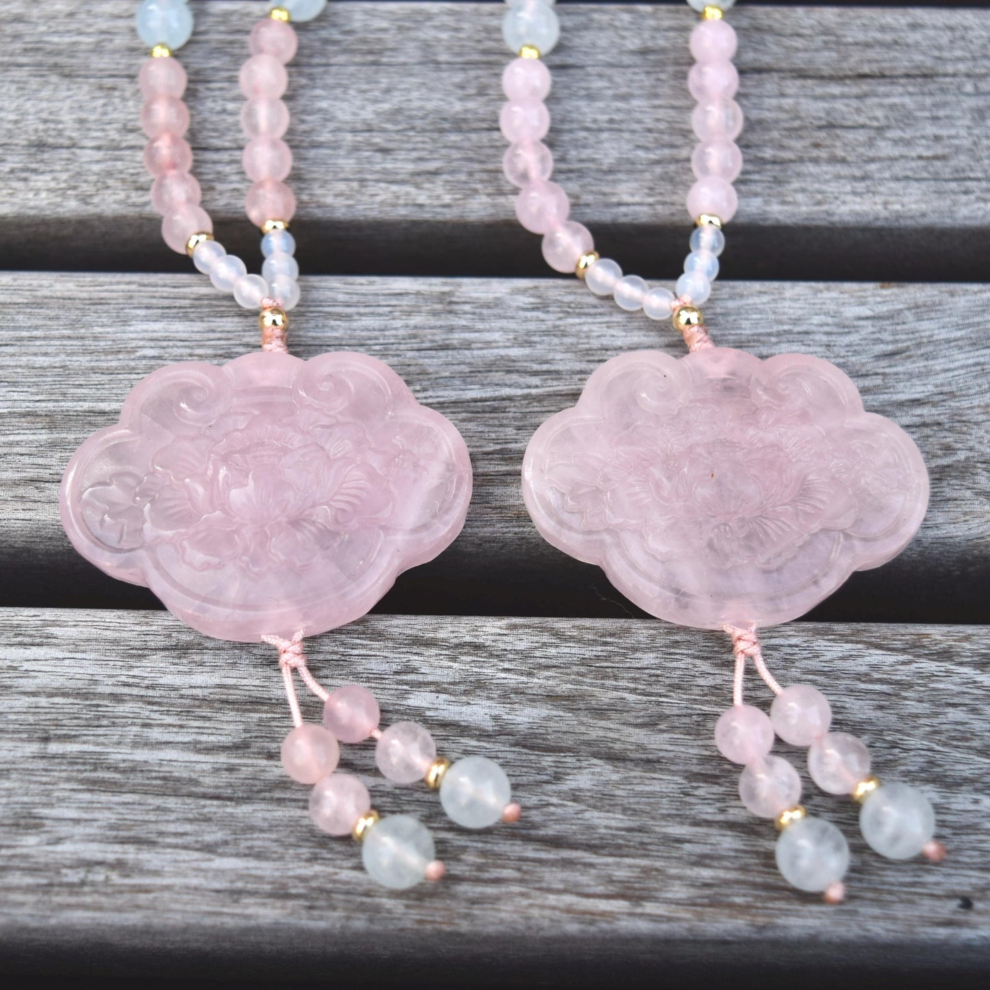 Rose Quartz Peony Necklace - Aquamarine Quartz Beaded