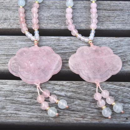 Rose Quartz Peony Necklace - Aquamarine Quartz Beaded