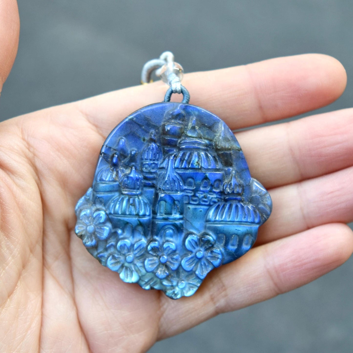 Labradorite Carved Castle Pendant Necklace