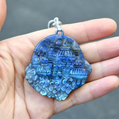 Labradorite Carved Castle Pendant Necklace