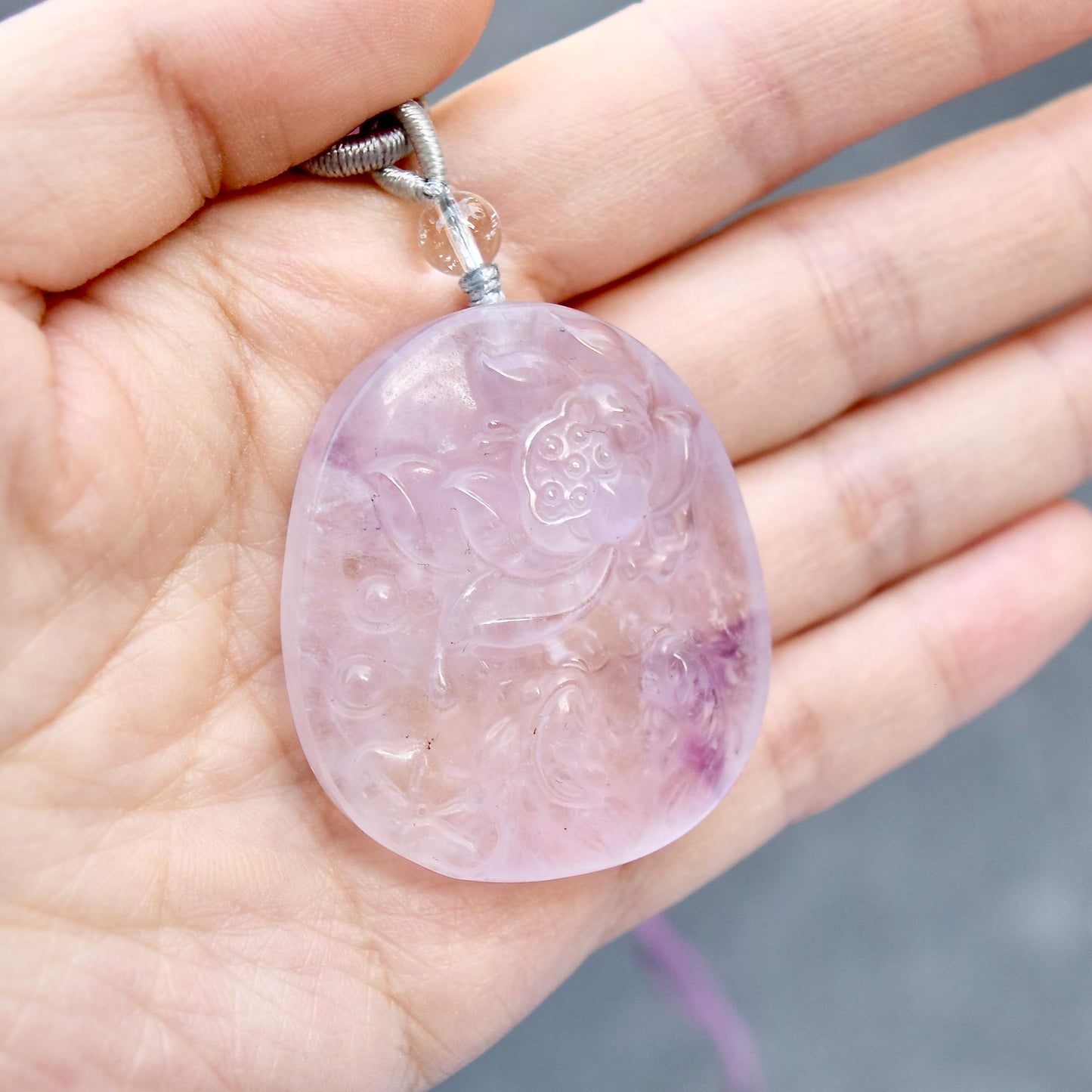 Purple Lotus Pendant Rope Necklace - Amethyst