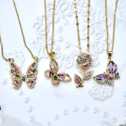 Crystal Butterfly Rose Necklace - Stainless Steel Necklace