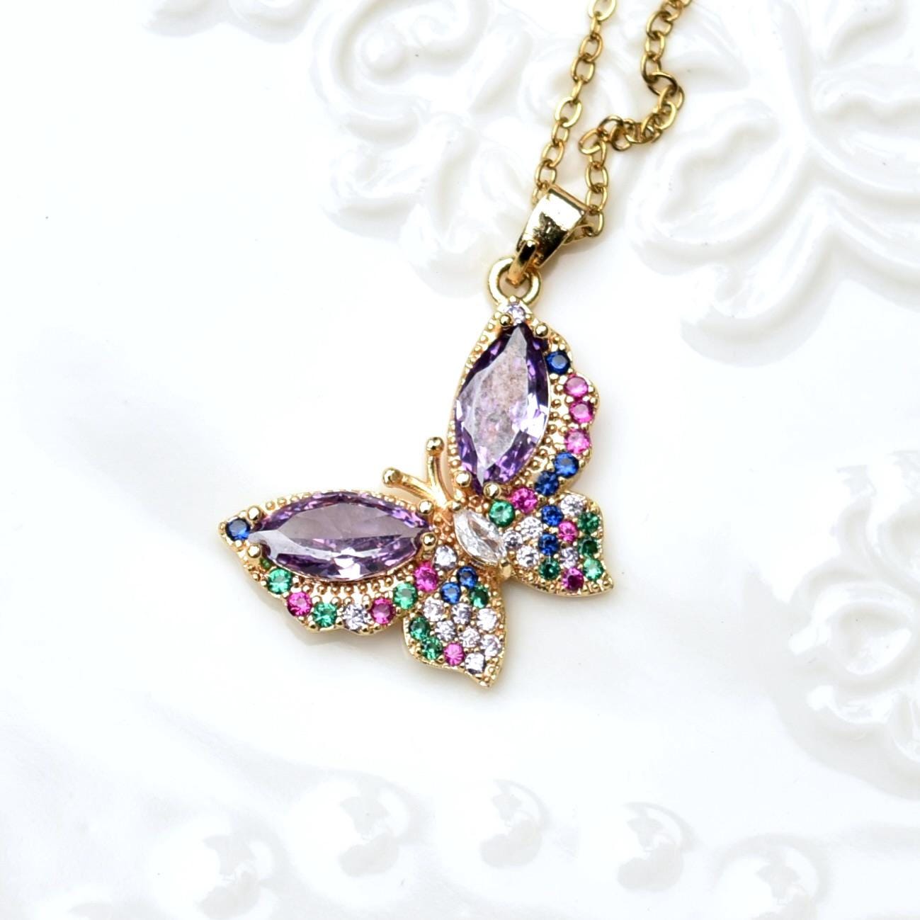 Crystal Butterfly Rose Necklace - Stainless Steel Necklace