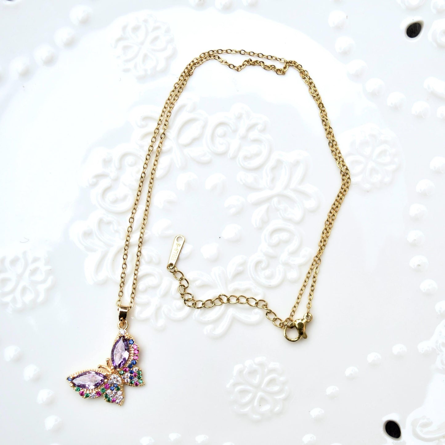 Crystal Butterfly Rose Necklace - Stainless Steel Necklace