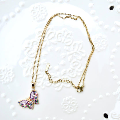 Crystal Butterfly Rose Necklace - Stainless Steel Necklace