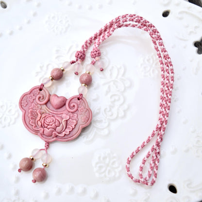 Pink Peony Lock Pendant Rope Necklace - Pink Jasper
