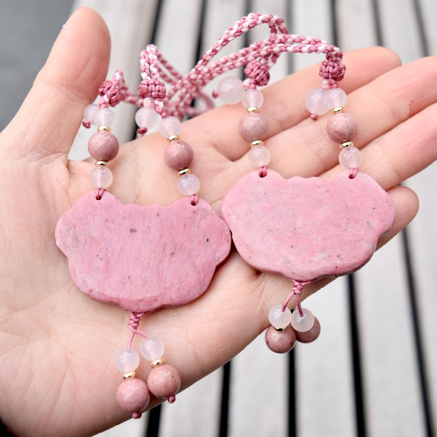 Pink Peony Lock Pendant Rope Necklace - Pink Jasper