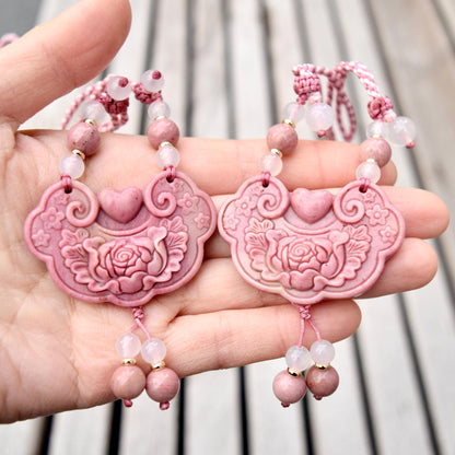 Pink Peony Lock Pendant Rope Necklace - Pink Jasper