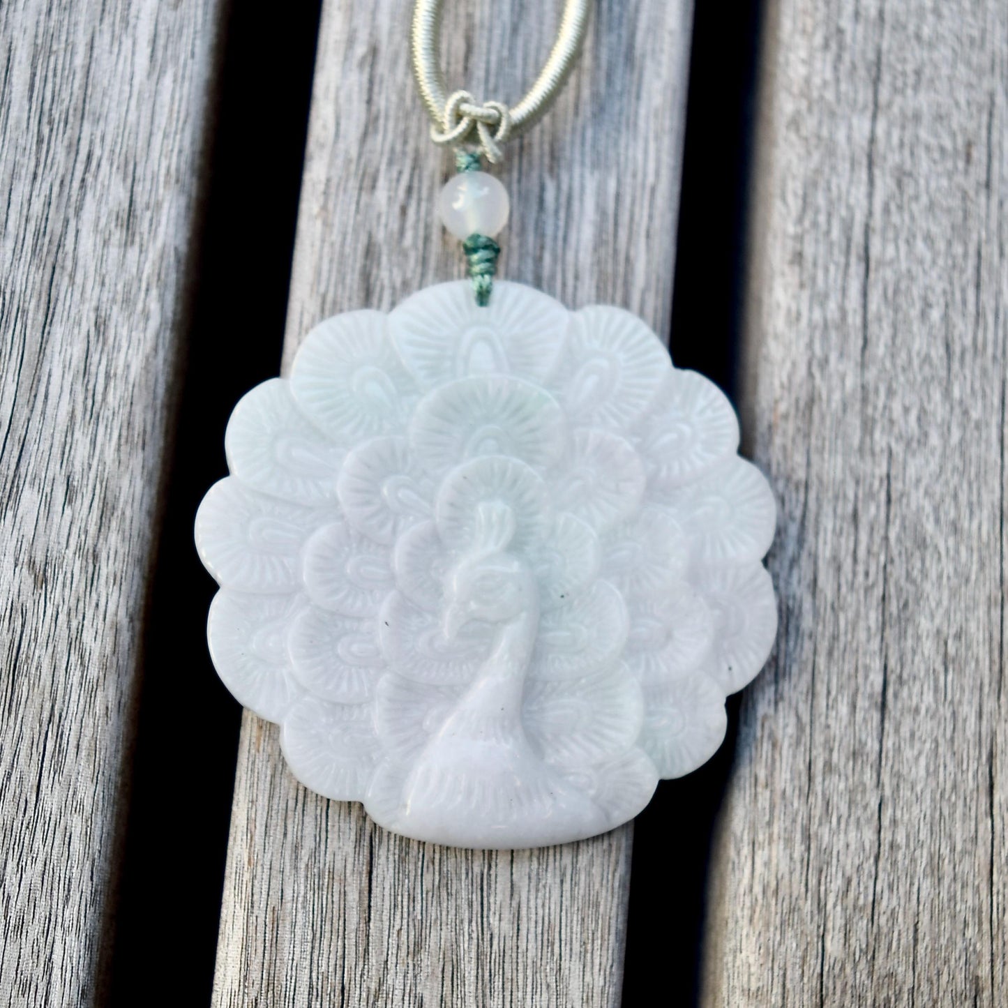 Jadeite Peacock Pendant Rope Necklace - 天然翡翠